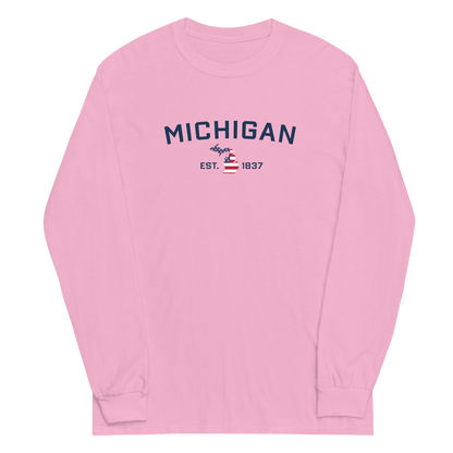 'Michigan EST 1837'  T-Shirt (w/ MI USA Flag Outline) | Unisex Long Sleeve - Circumspice Michigan