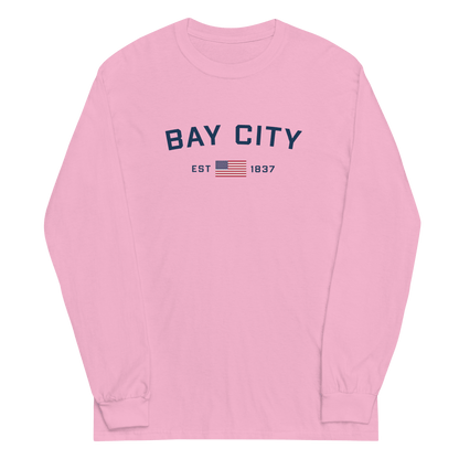 'Bay City EST 1837' T-Shirt (w/ USA Flag Outline) | Unisex Long Sleeve - Circumspice Michigan