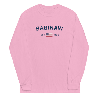 'Saginaw EST 1835' T-Shirt (w/USA Flag Outline) | Unisex Long Sleeve - Circumspice Michigan