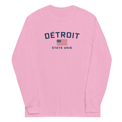 'Détroit États Unis' T-Shirt (w/USA Flag Outline) | Unisex Long Sleeve - Circumspice Michigan