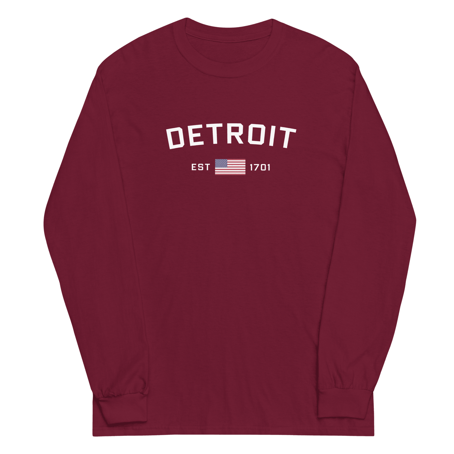 'Detroit EST 1701' T-Shirt (w/ USA Flag Outline) | Unisex Long Sleeve - Circumspice Michigan