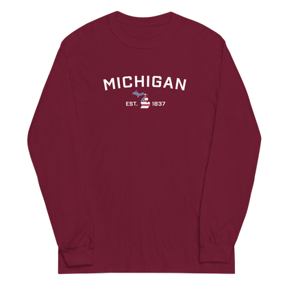 'Michigan EST 1837'  T-Shirt (w/ MI USA Flag Outline) | Unisex Long Sleeve - Circumspice Michigan