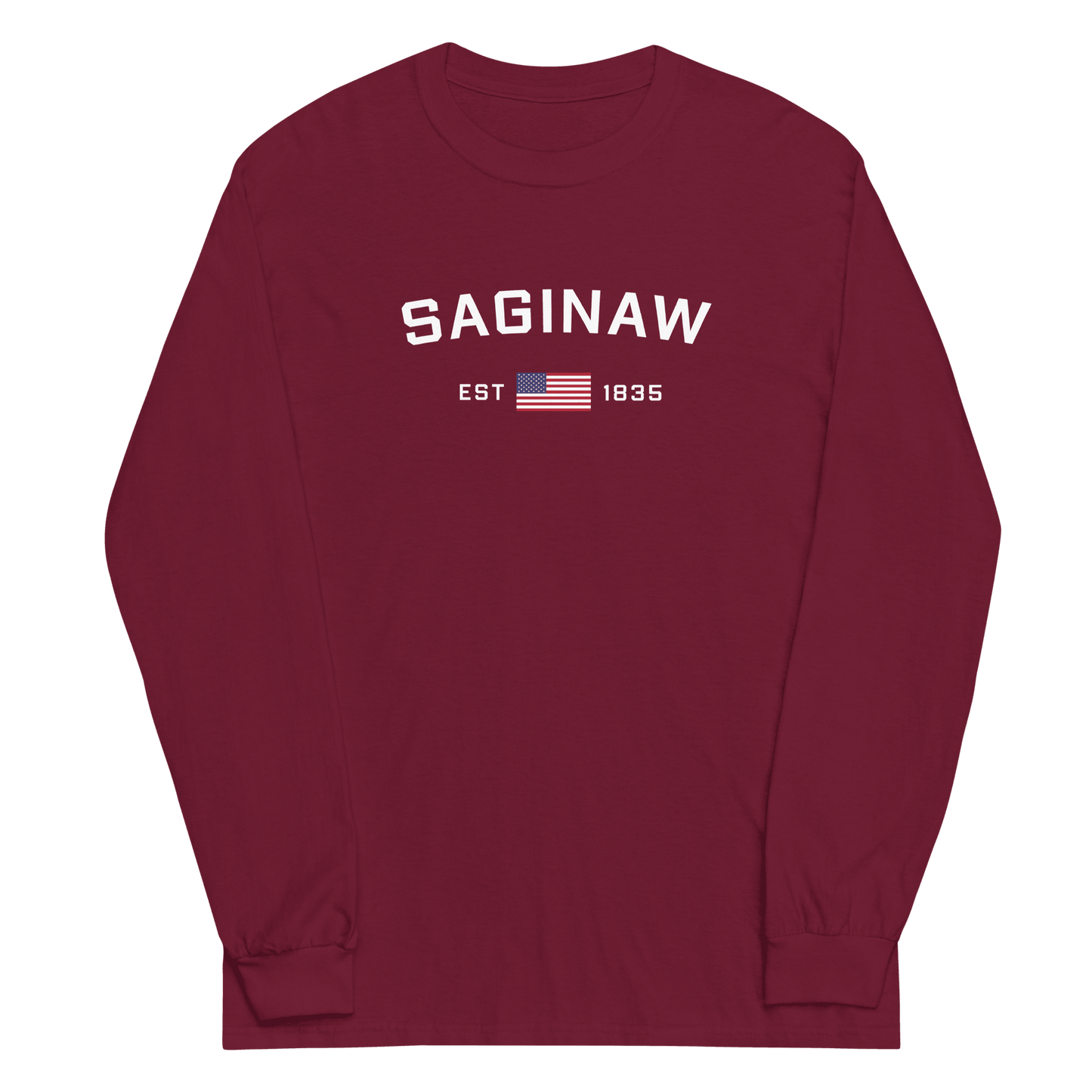 'Saginaw EST 1835' T-Shirt (w/USA Flag Outline) | Unisex Long Sleeve - Circumspice Michigan