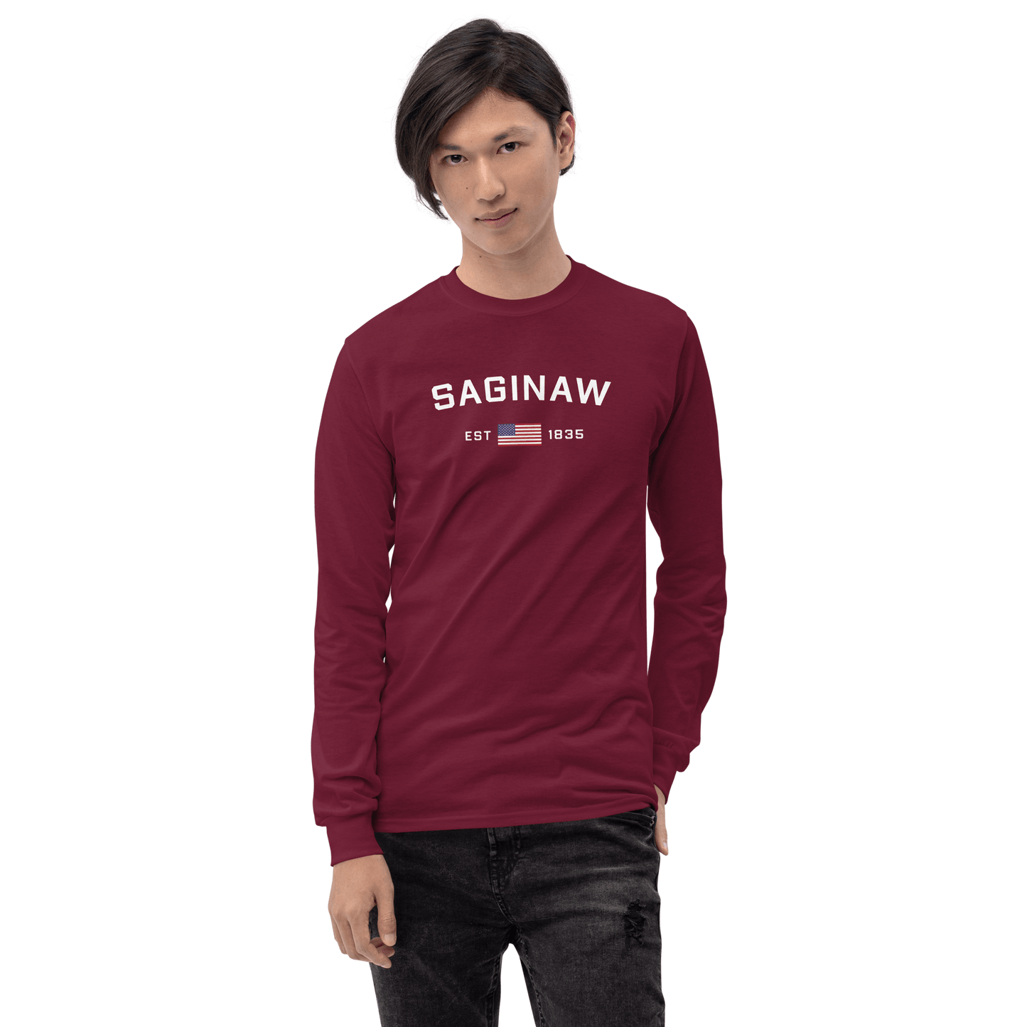 'Saginaw EST 1835' T-Shirt (w/USA Flag Outline) | Unisex Long Sleeve - Circumspice Michigan