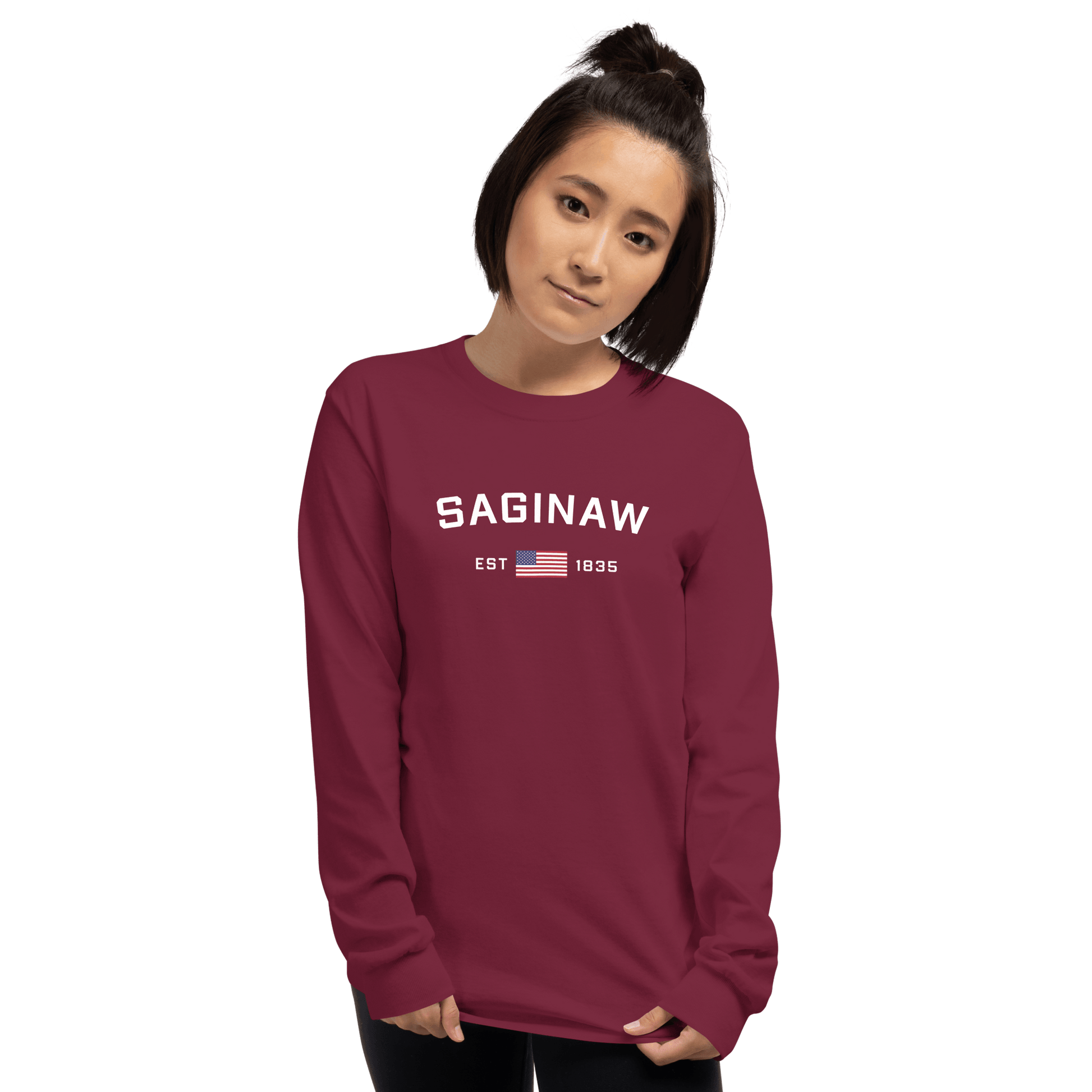 'Saginaw EST 1835' T-Shirt (w/USA Flag Outline) | Unisex Long Sleeve - Circumspice Michigan