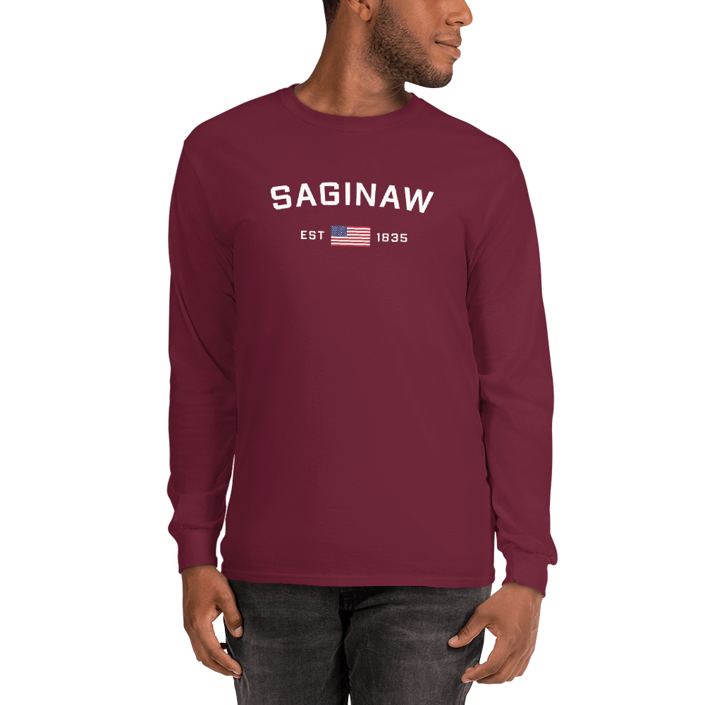 'Saginaw EST 1835' T-Shirt (w/USA Flag Outline) | Unisex Long Sleeve - Circumspice Michigan