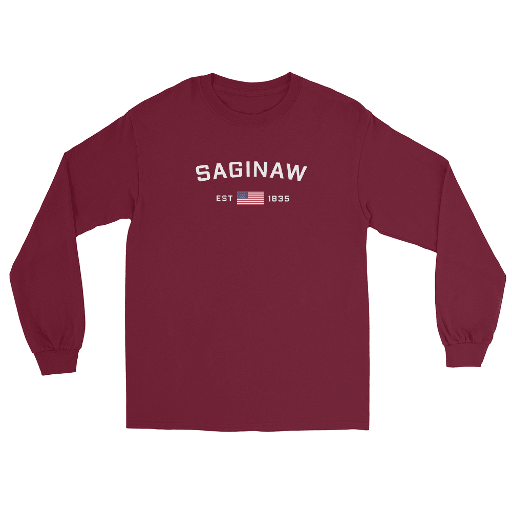 'Saginaw EST 1835' T-Shirt (w/USA Flag Outline) | Unisex Long Sleeve - Circumspice Michigan