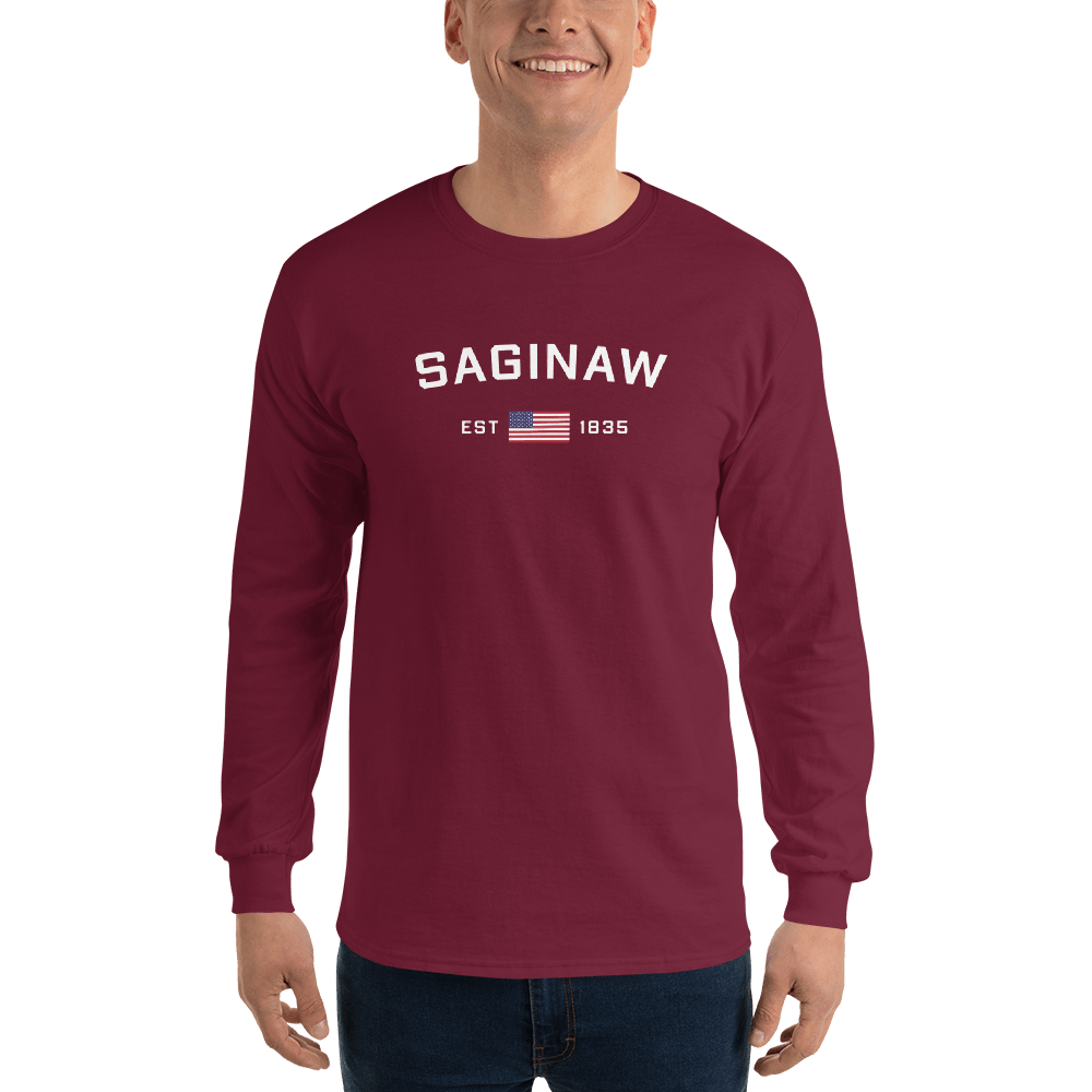 'Saginaw EST 1835' T-Shirt (w/USA Flag Outline) | Unisex Long Sleeve - Circumspice Michigan