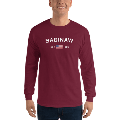 'Saginaw EST 1835' T-Shirt (w/USA Flag Outline) | Unisex Long Sleeve - Circumspice Michigan