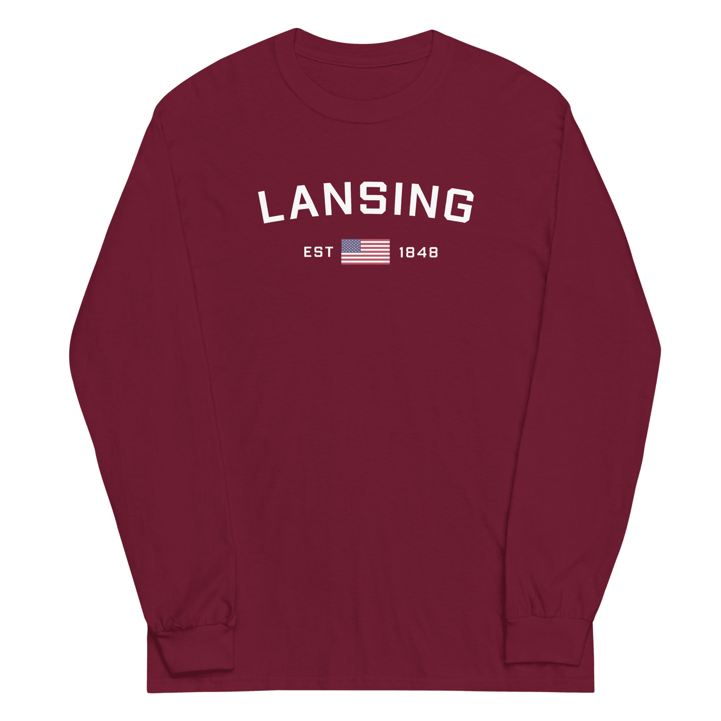 'Lansing EST 1848' T-Shirt (w/USA Flag Outline) | Unisex Long Sleeve - Circumspice Michigan