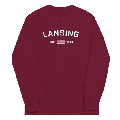 'Lansing EST 1848' T-Shirt (w/USA Flag Outline) | Unisex Long Sleeve - Circumspice Michigan