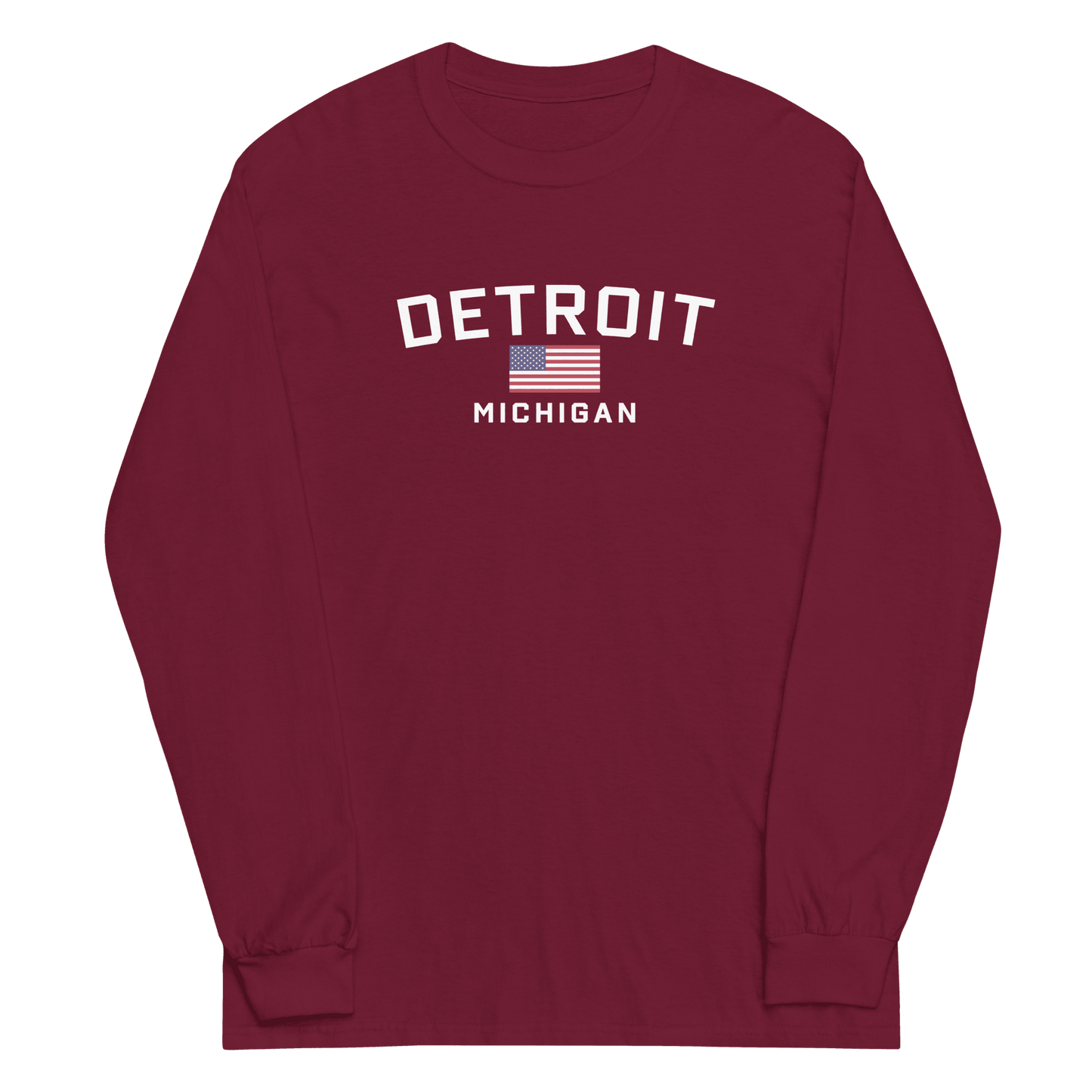 'Detroit Michigan' T-Shirt (w/USA Flag Outline) | Unisex Long Sleeve - Circumspice Michigan