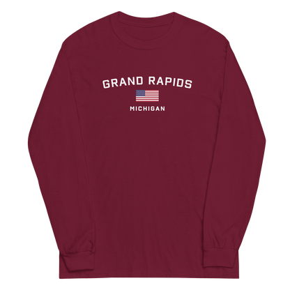 'Grand Rapids Michigan' T-Shirt (w/USA Flag Outline) | Unisex Long Sleeve - Circumspice Michigan