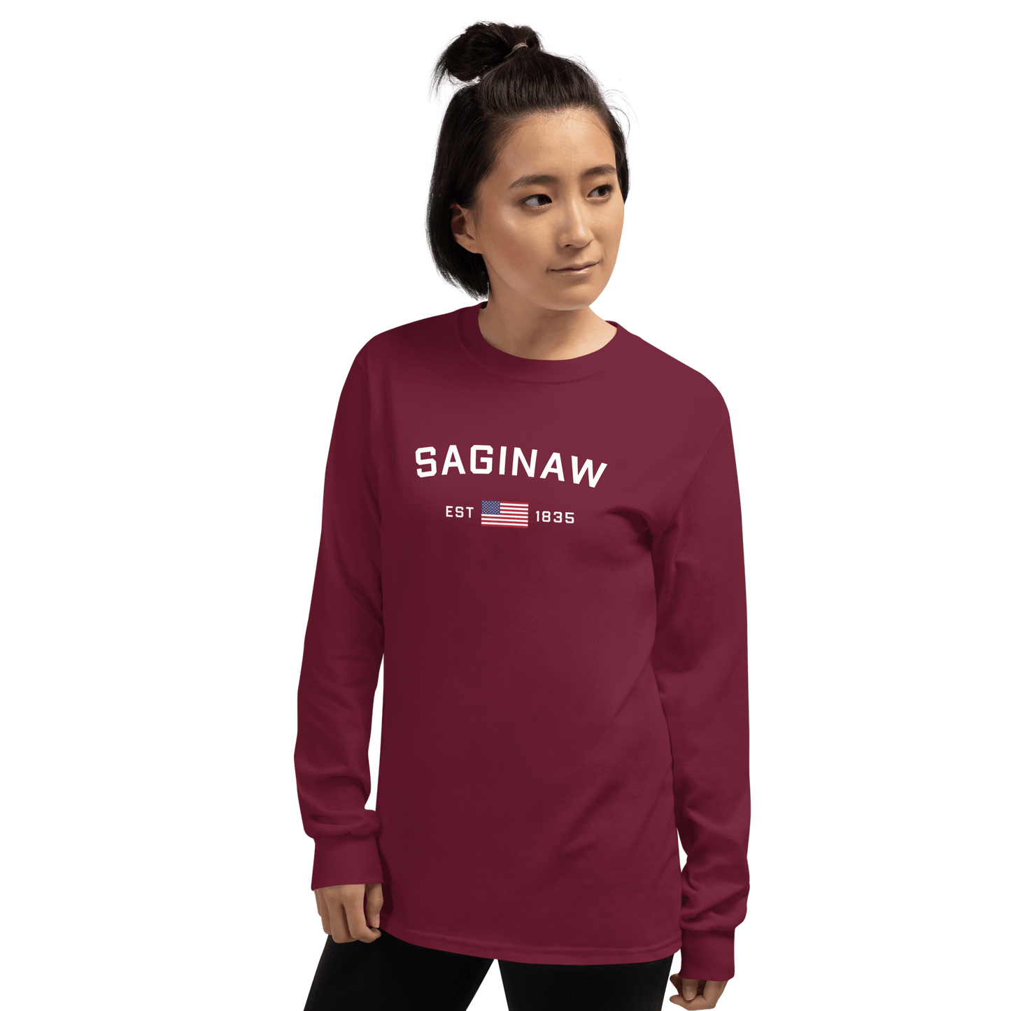'Saginaw EST 1835' T-Shirt (w/USA Flag Outline) | Unisex Long Sleeve - Circumspice Michigan