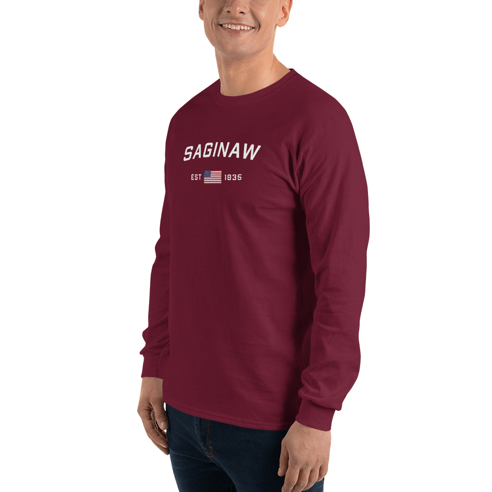 'Saginaw EST 1835' T-Shirt (w/USA Flag Outline) | Unisex Long Sleeve - Circumspice Michigan