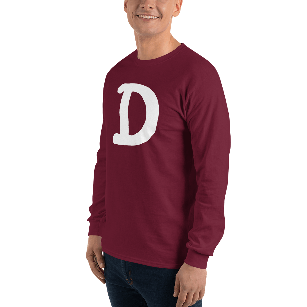 Detroit 'Old French D' T-Shirt (White/Navy Full Body Outline) | Unisex Long Sleeve - Circumspice Michigan