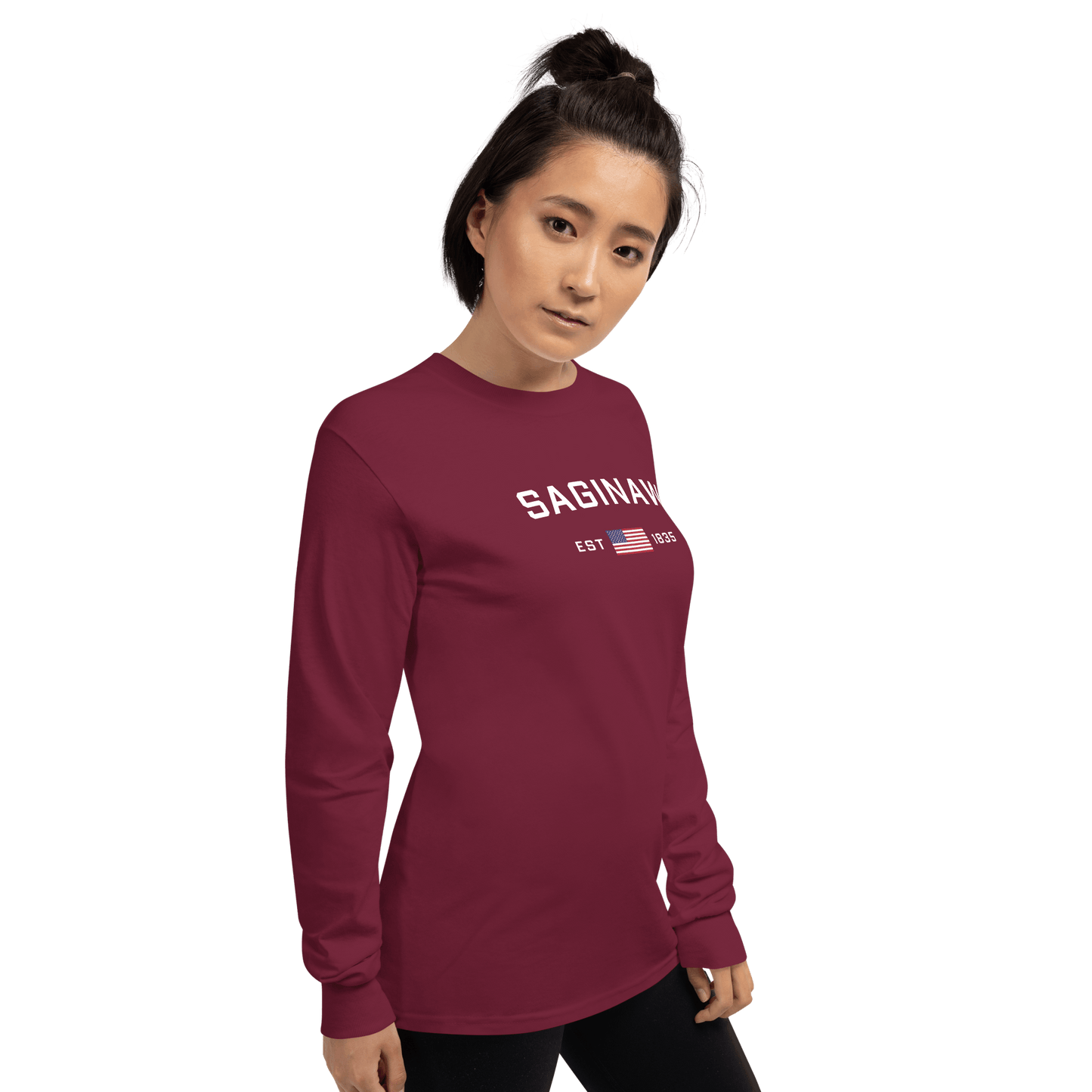 'Saginaw EST 1835' T-Shirt (w/USA Flag Outline) | Unisex Long Sleeve - Circumspice Michigan