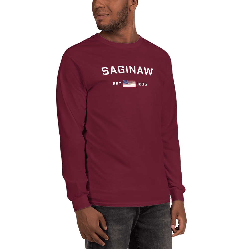 'Saginaw EST 1835' T-Shirt (w/USA Flag Outline) | Unisex Long Sleeve - Circumspice Michigan