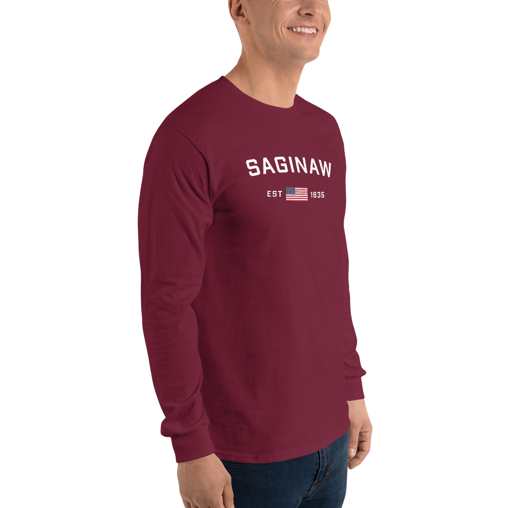 'Saginaw EST 1835' T-Shirt (w/USA Flag Outline) | Unisex Long Sleeve - Circumspice Michigan