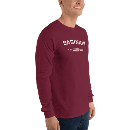 'Saginaw EST 1835' T-Shirt (w/USA Flag Outline) | Unisex Long Sleeve - Circumspice Michigan