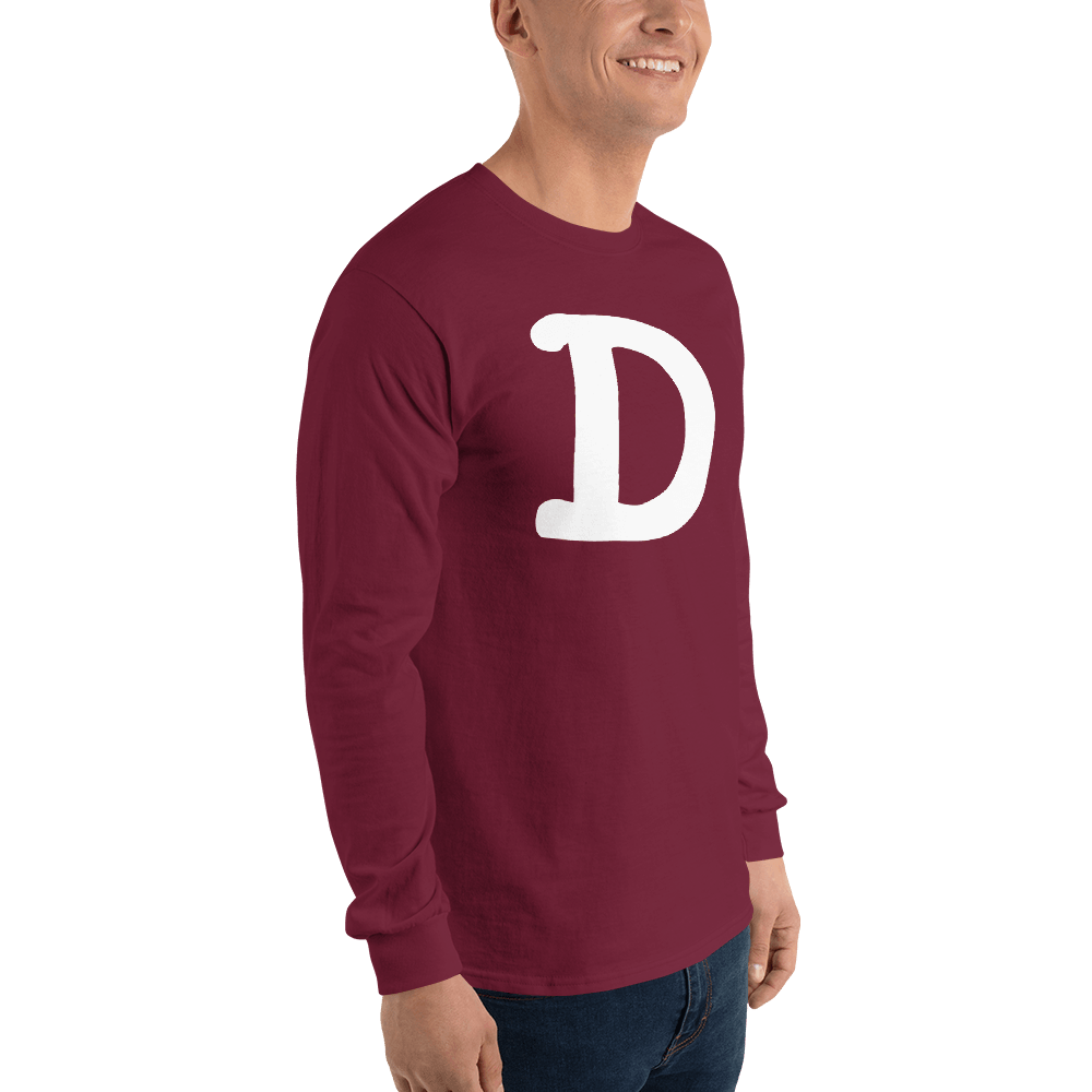 Detroit 'Old French D' T-Shirt (White/Navy Full Body Outline) | Unisex Long Sleeve - Circumspice Michigan