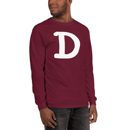 Detroit 'Old French D' T-Shirt (White/Navy Full Body Outline) | Unisex Long Sleeve - Circumspice Michigan