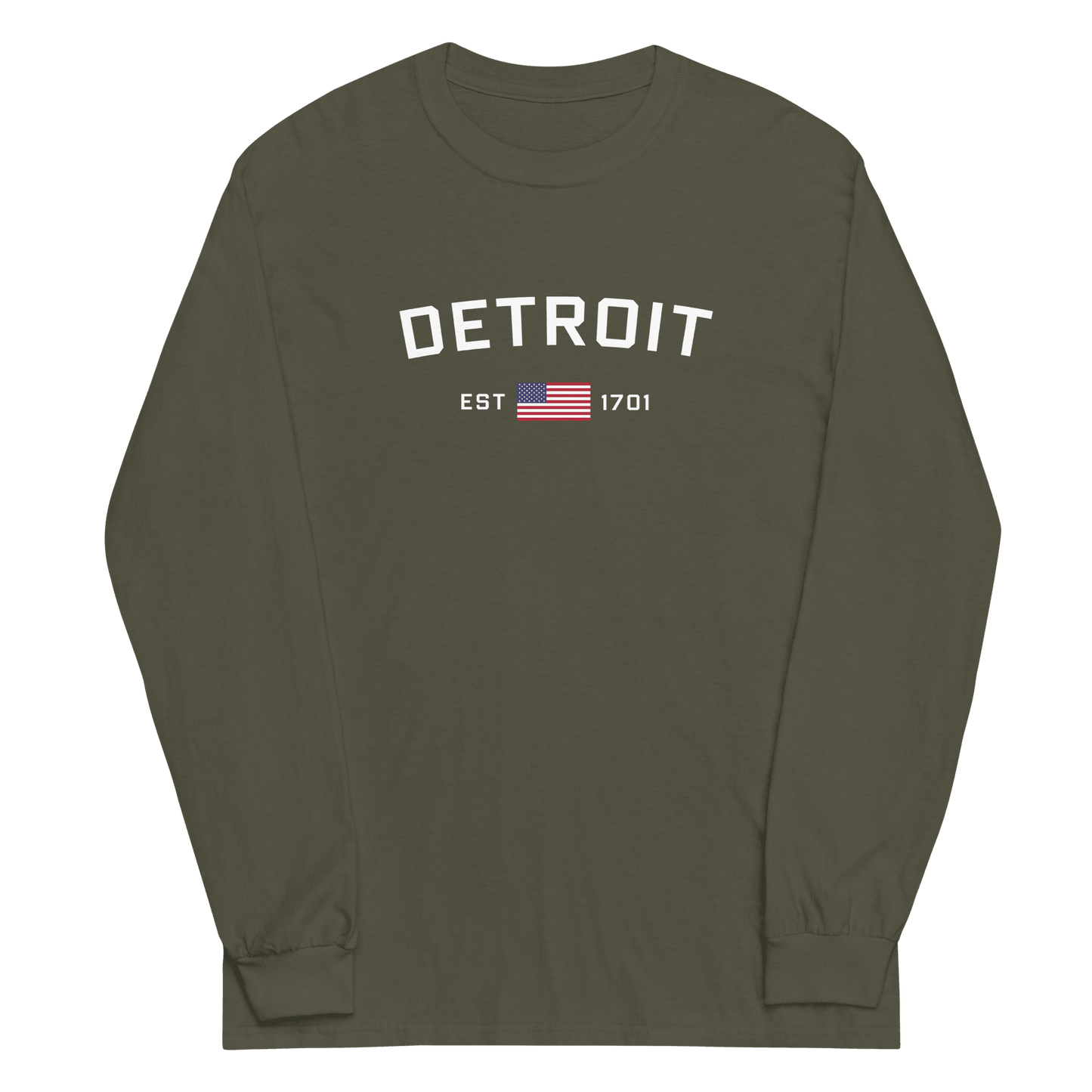 'Detroit EST 1701' T-Shirt (w/ USA Flag Outline) | Unisex Long Sleeve - Circumspice Michigan