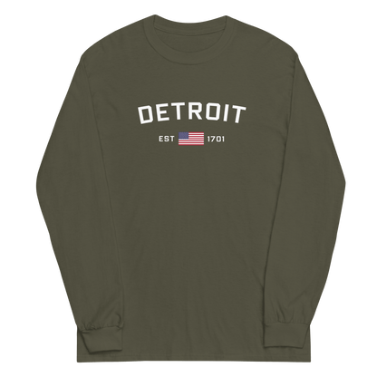 'Detroit EST 1701' T-Shirt (w/ USA Flag Outline) | Unisex Long Sleeve - Circumspice Michigan