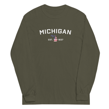 'Michigan EST 1837'  T-Shirt (w/ MI USA Flag Outline) | Unisex Long Sleeve - Circumspice Michigan