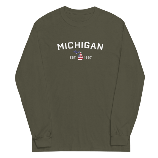 'Michigan EST 1837'  T-Shirt (w/ MI USA Flag Outline) | Unisex Long Sleeve - Circumspice Michigan