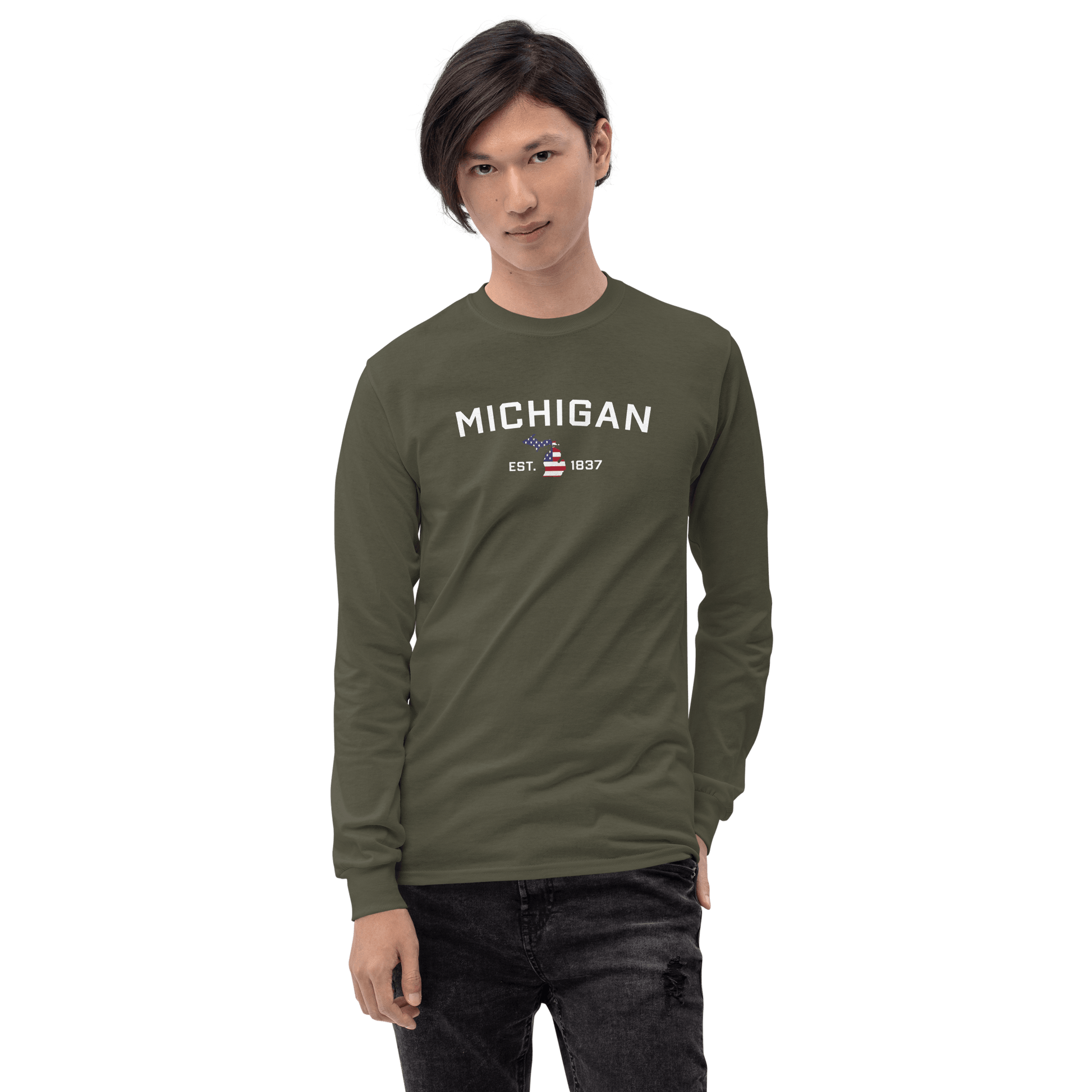 'Michigan EST 1837'  T-Shirt (w/ MI USA Flag Outline) | Unisex Long Sleeve - Circumspice Michigan