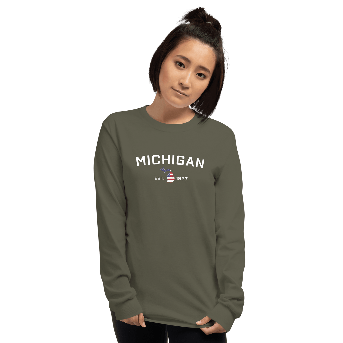 'Michigan EST 1837'  T-Shirt (w/ MI USA Flag Outline) | Unisex Long Sleeve - Circumspice Michigan