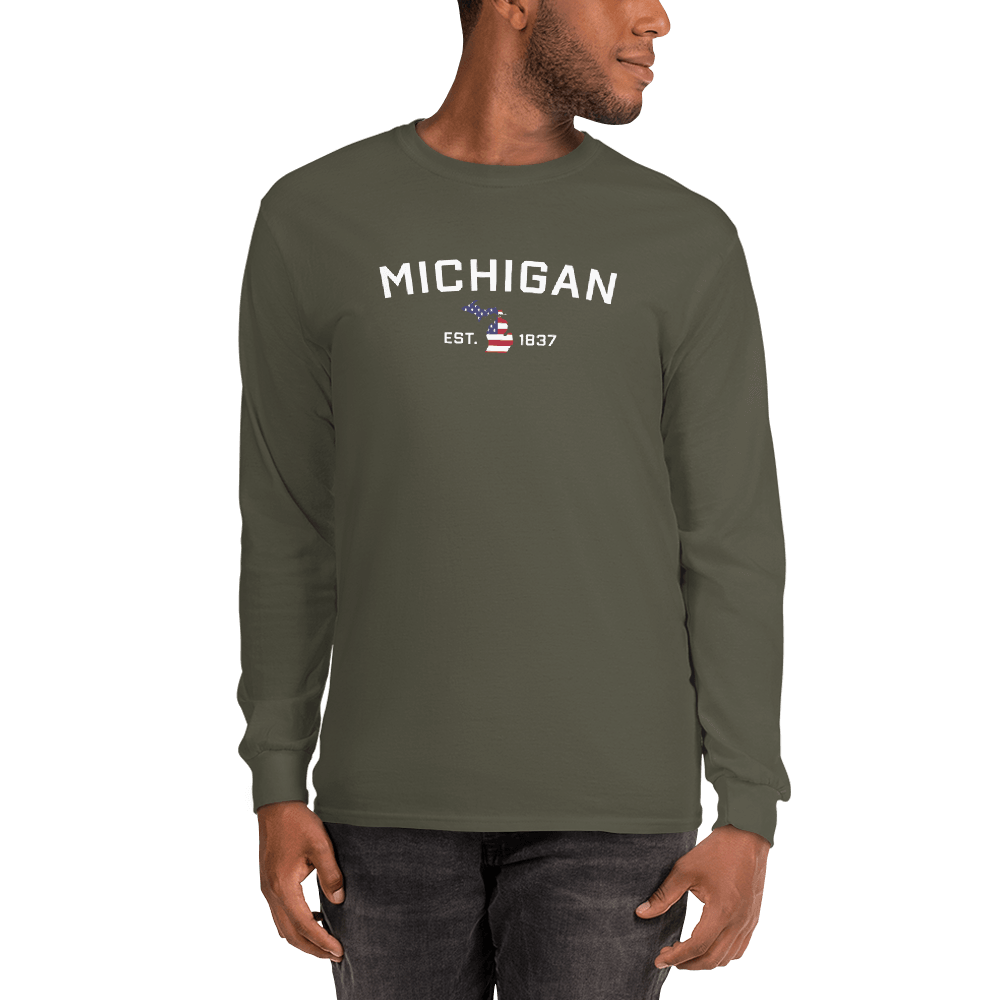 'Michigan EST 1837'  T-Shirt (w/ MI USA Flag Outline) | Unisex Long Sleeve - Circumspice Michigan