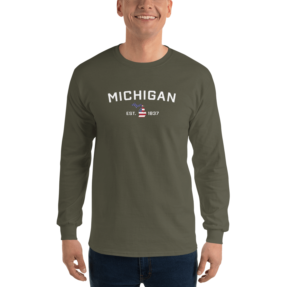 'Michigan EST 1837'  T-Shirt (w/ MI USA Flag Outline) | Unisex Long Sleeve - Circumspice Michigan