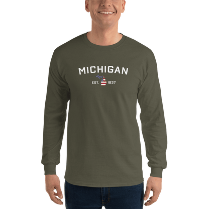 'Michigan EST 1837'  T-Shirt (w/ MI USA Flag Outline) | Unisex Long Sleeve - Circumspice Michigan