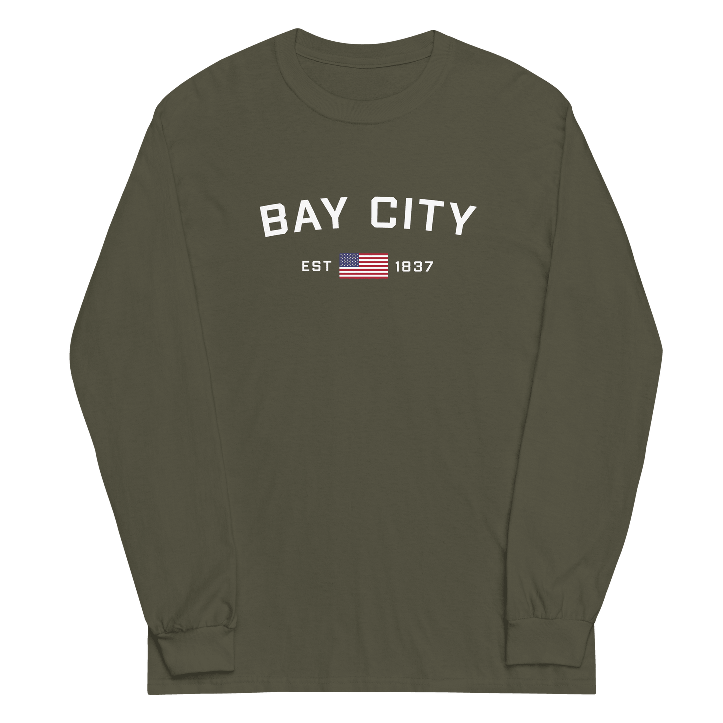 'Bay City EST 1837' T-Shirt (w/ USA Flag Outline) | Unisex Long Sleeve - Circumspice Michigan