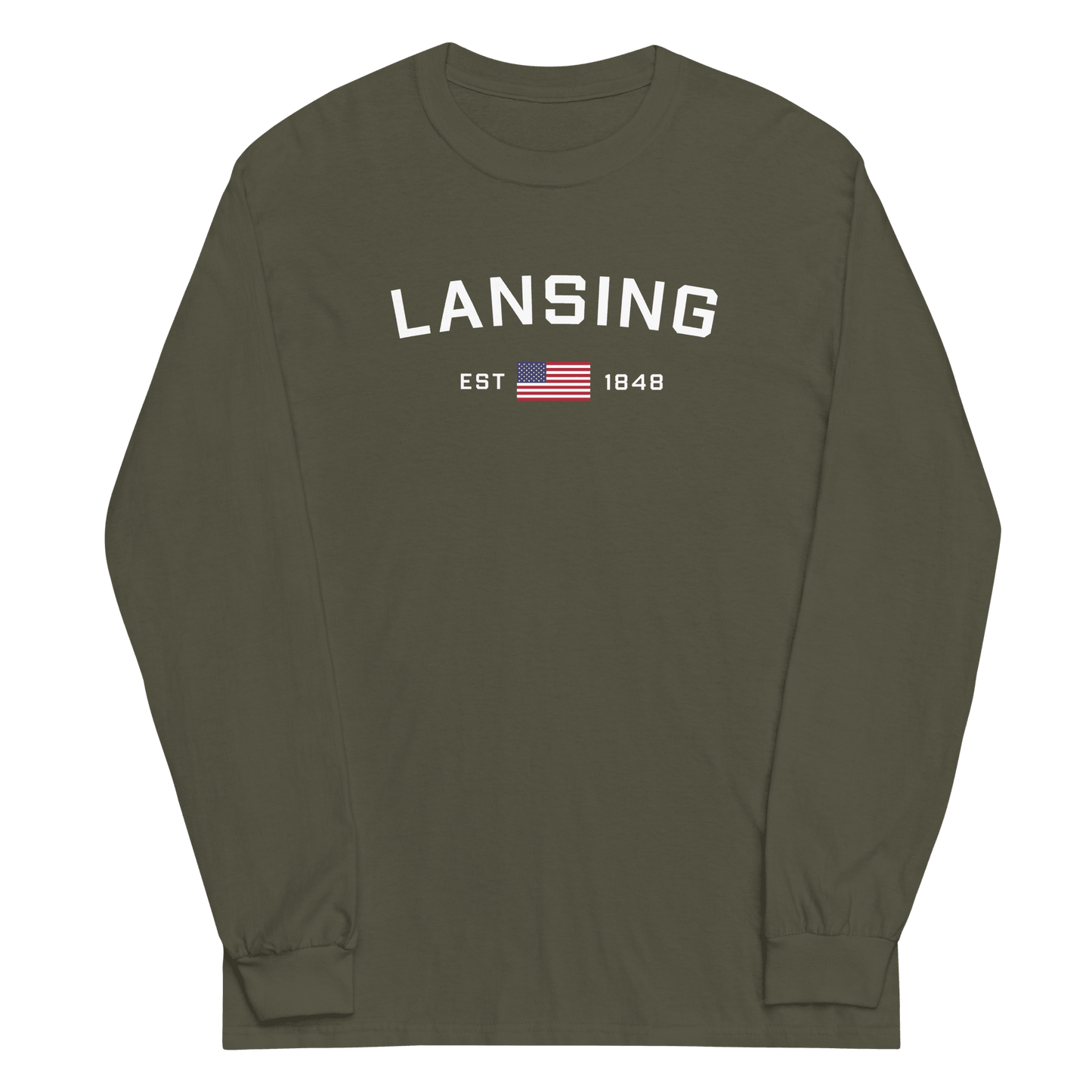 'Lansing EST 1848' T-Shirt (w/USA Flag Outline) | Unisex Long Sleeve - Circumspice Michigan