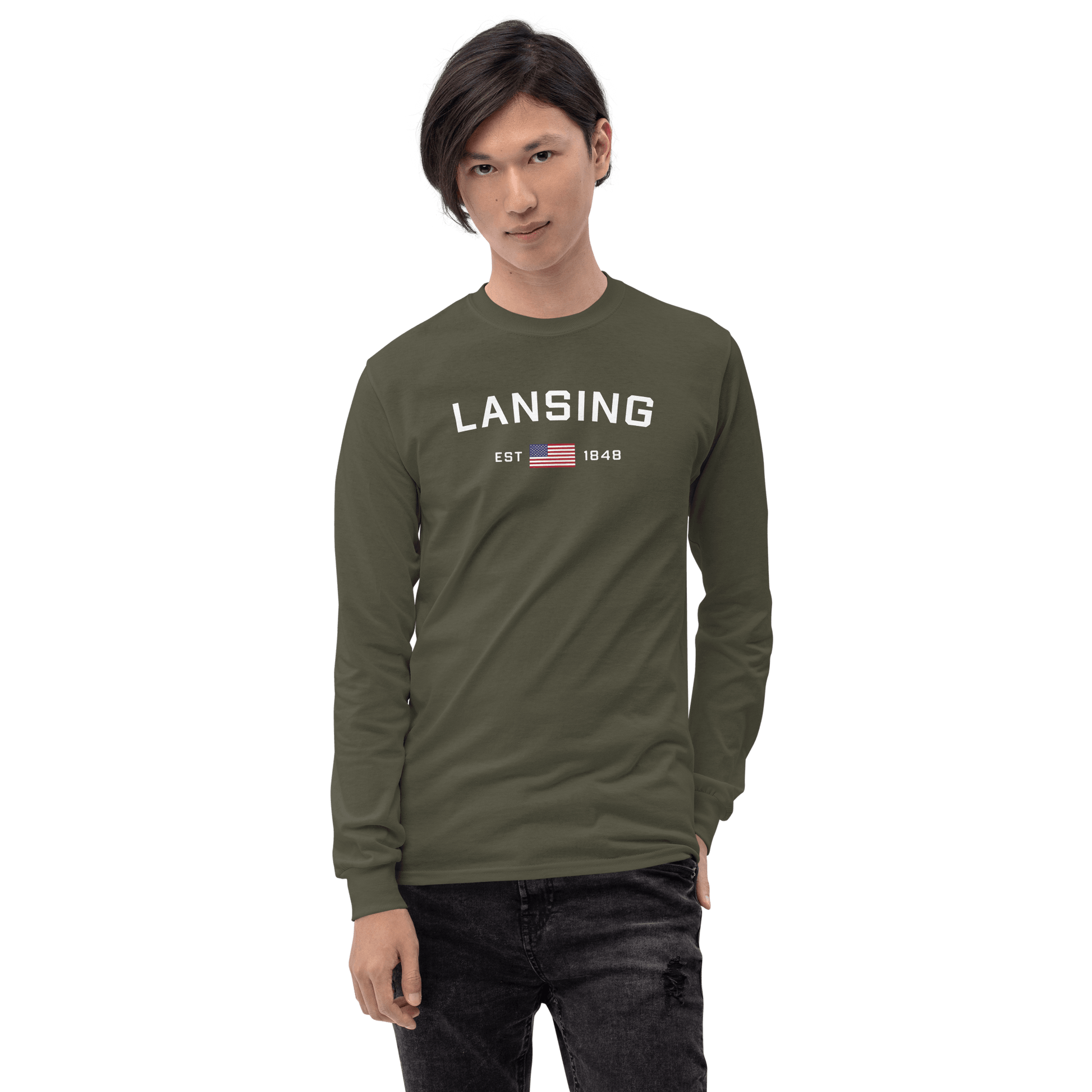 'Lansing EST 1848' T-Shirt (w/USA Flag Outline) | Unisex Long Sleeve - Circumspice Michigan