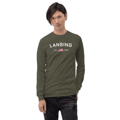 'Lansing EST 1848' T-Shirt (w/USA Flag Outline) | Unisex Long Sleeve - Circumspice Michigan