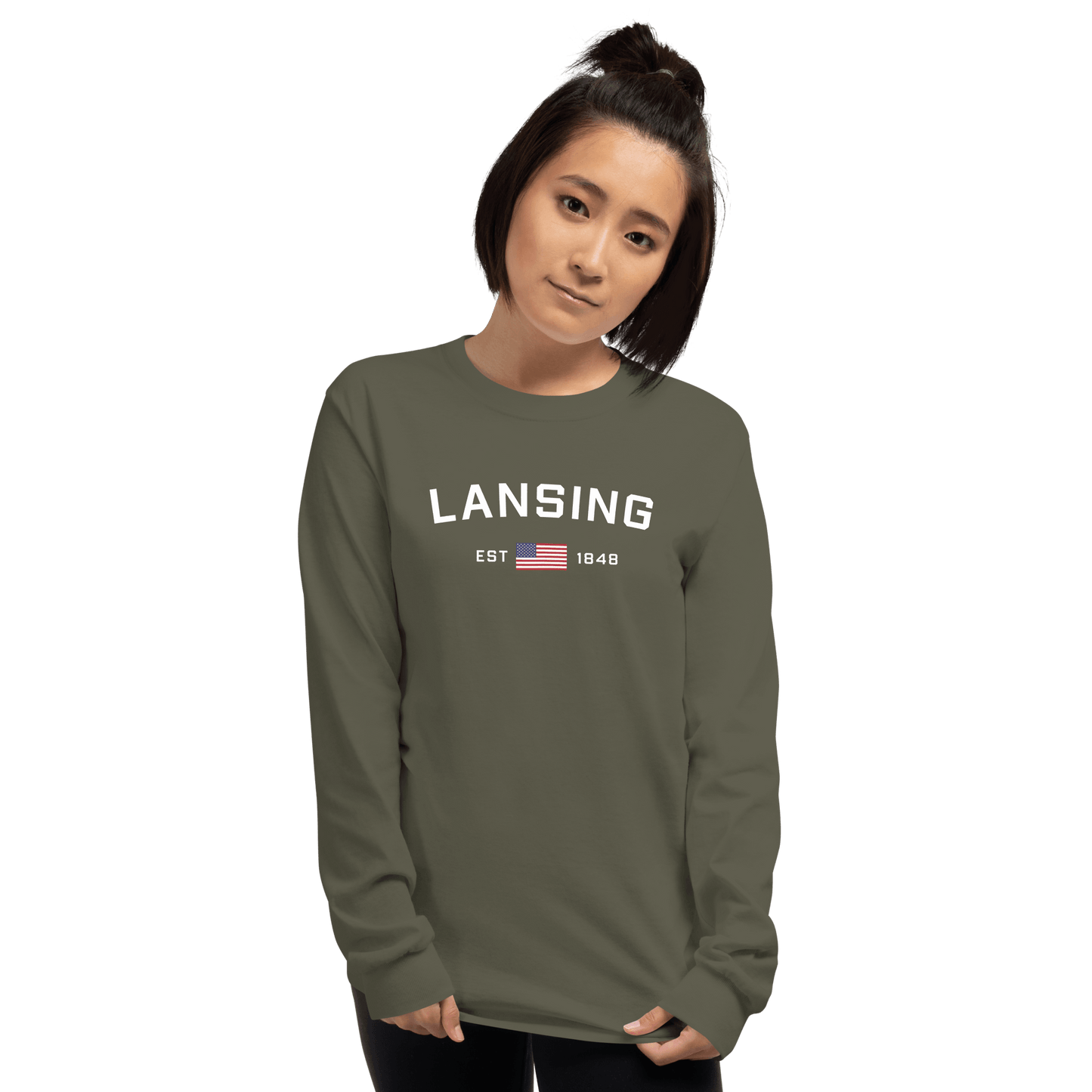 'Lansing EST 1848' T-Shirt (w/USA Flag Outline) | Unisex Long Sleeve - Circumspice Michigan