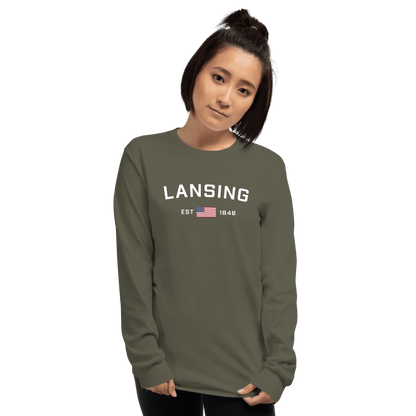 'Lansing EST 1848' T-Shirt (w/USA Flag Outline) | Unisex Long Sleeve - Circumspice Michigan