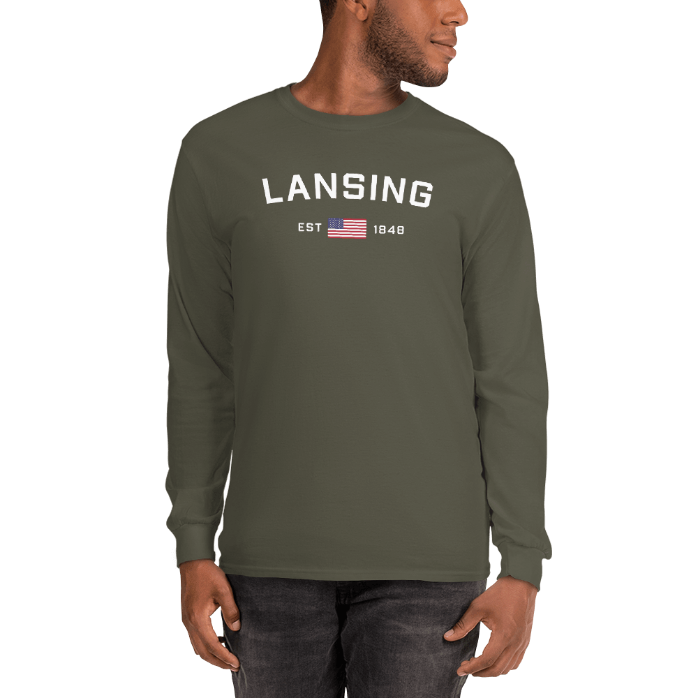 'Lansing EST 1848' T-Shirt (w/USA Flag Outline) | Unisex Long Sleeve - Circumspice Michigan