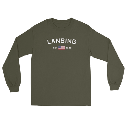 'Lansing EST 1848' T-Shirt (w/USA Flag Outline) | Unisex Long Sleeve - Circumspice Michigan