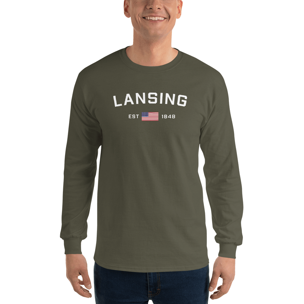 'Lansing EST 1848' T-Shirt (w/USA Flag Outline) | Unisex Long Sleeve - Circumspice Michigan