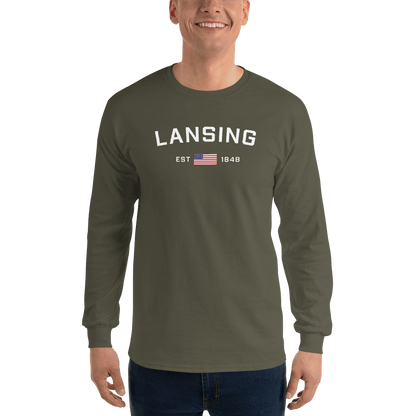 'Lansing EST 1848' T-Shirt (w/USA Flag Outline) | Unisex Long Sleeve - Circumspice Michigan