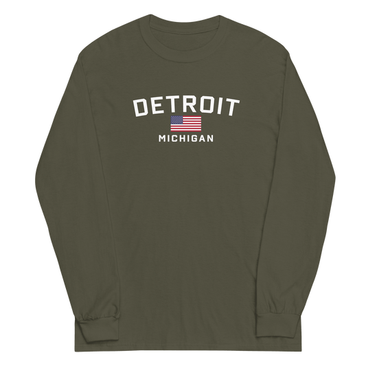 'Detroit Michigan' T-Shirt (w/USA Flag Outline) | Unisex Long Sleeve - Circumspice Michigan