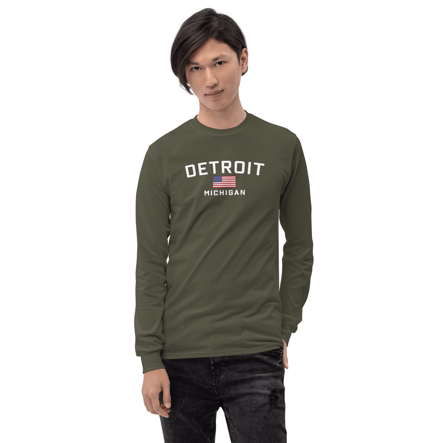 'Detroit Michigan' T-Shirt (w/USA Flag Outline) | Unisex Long Sleeve - Circumspice Michigan