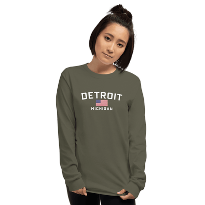 'Detroit Michigan' T-Shirt (w/USA Flag Outline) | Unisex Long Sleeve - Circumspice Michigan