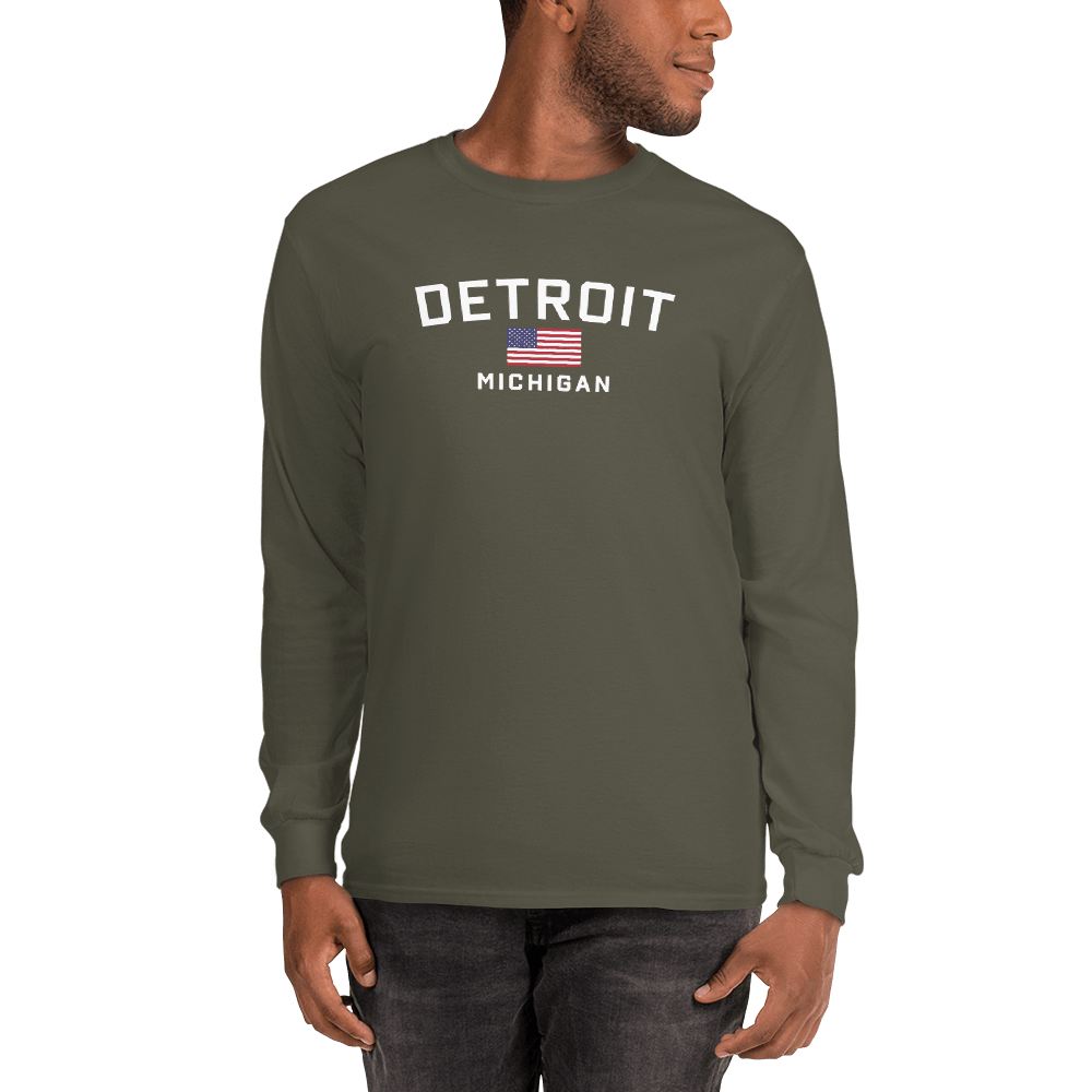 'Detroit Michigan' T-Shirt (w/USA Flag Outline) | Unisex Long Sleeve - Circumspice Michigan