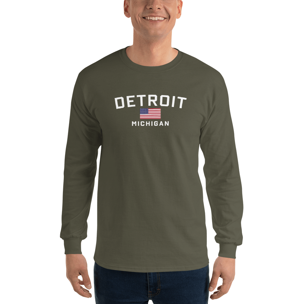 'Detroit Michigan' T-Shirt (w/USA Flag Outline) | Unisex Long Sleeve - Circumspice Michigan